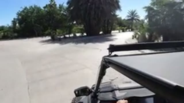 LOS CABOS MEXICO-2019: Black Wrangler Drives Around Bend Of Road With Trees