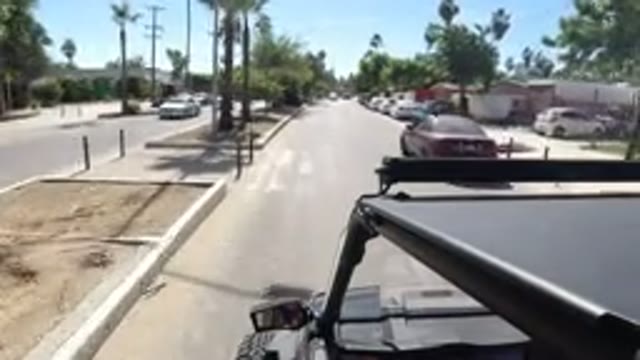 LOS CABOS MEXICO-2019: Wrangler Driving Down A Street Lined With Trees And