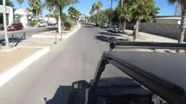 LOS CABOS MEXICO-2019: Jeep Moving In A City Road Divided With Tall Trees And