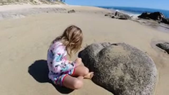 LOS CABOS MEXICO-2019: A Small Girl Playing on the Beach with Rocks