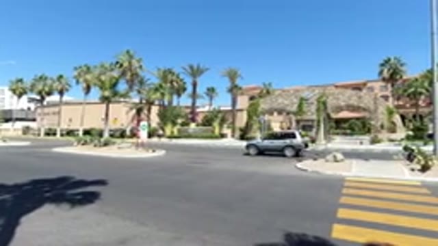LOS CABOS MEXICO-2020: A View Of The Street With A Car, Tall Trees And Buildings