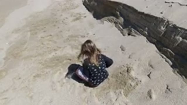 LOS CABOS MEXICO-2020: Little Girl Sitting on Sand with Dog Playing Nearby