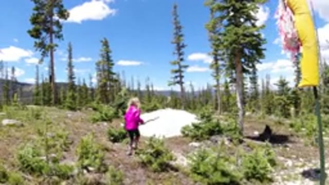 WINTER PARK COLORADO-2019: Little Blonde Girl With A Stick In Her Hands