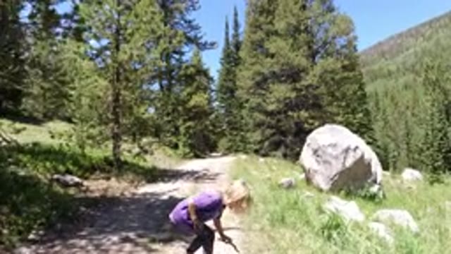 WINTER PARK COLORADO-2019: A View Of Nature With A Kid On A Path Among Rocks And Tall Trees