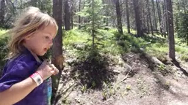 WINTER PARK COLORADO-2019: The Little Girl Is Walking On A Trail Pointing Her