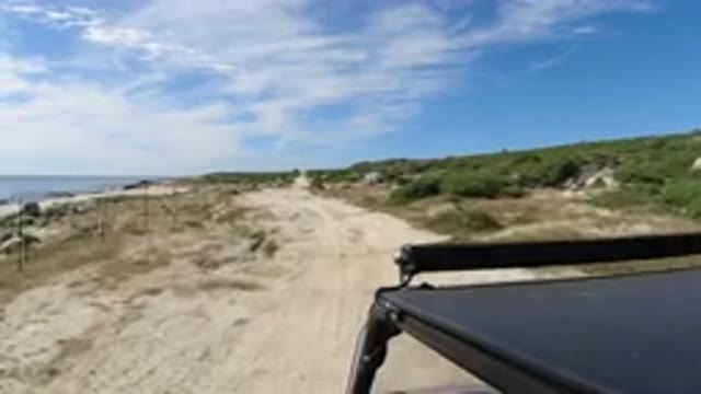 LOS CABOS MEXICO-2019: Dirt Road Fence Water Bushes Driving Rocks Black Roof