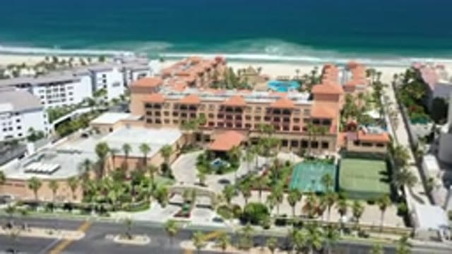 LOS CABOS MEXICO-2020: Beach View of Massive Star-Shaped Residential Hotel with Swimming Pool