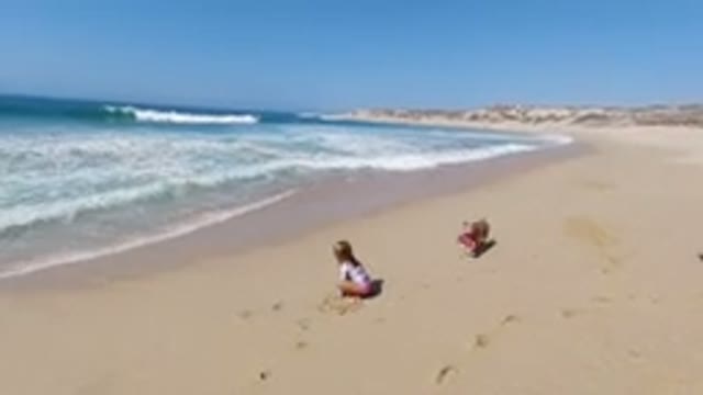 LOS CABOS MEXICO-2020: Young Girl And Her Dog Playing With Sand On Sea Shore
