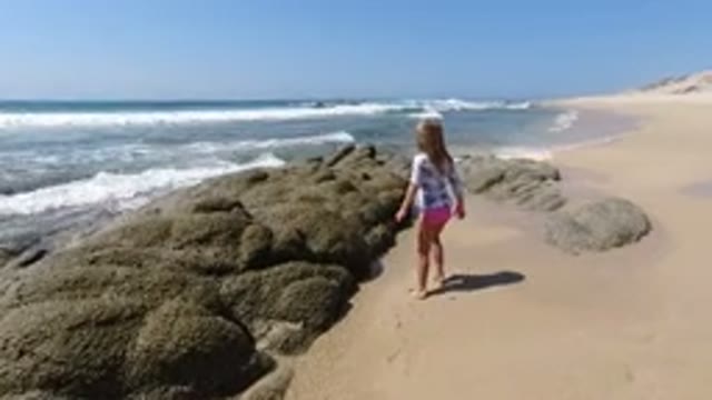 LOS CABOS MEXICO-2020: Young Girl Walking On The Beach With Her Dog Along A Big Pile Of Rocks