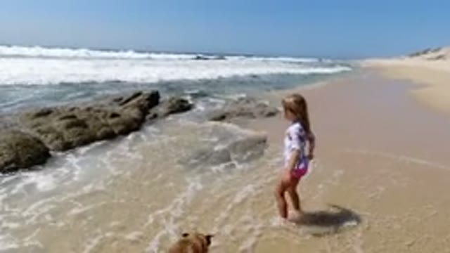 LOS CABOS MEXICO-2020: Little Girl Playing On The Beach With Her Brown Dog