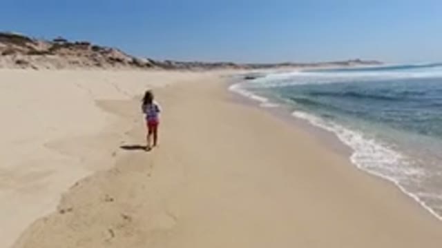 LOS CABOS MEXICO-2020: The Dog Follows The Foot Marks Of Little Girl At The Beach
