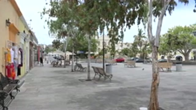 LOS CABOS MEXICO-2020: A Park With Lot Of Seats And Trees Near To A Row Of Buildings
