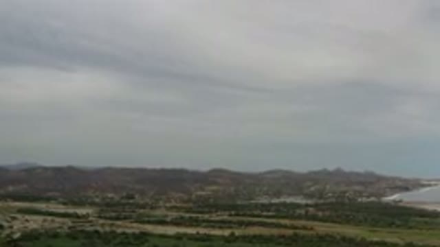 LOS CABOS MEXICO-2020: Green And Yellow Arid Landscape With Gray Sky And Shrubs