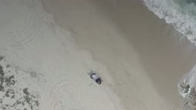 LOS CABOS MEXICO-2020: Small Girl Draws Lines In Sand On Beach As The Water