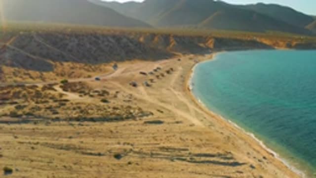 EL SARGENTO LA VENTANA MEXICO-2020: Aerial Shoreline Beach Shot With Parked Vehicle