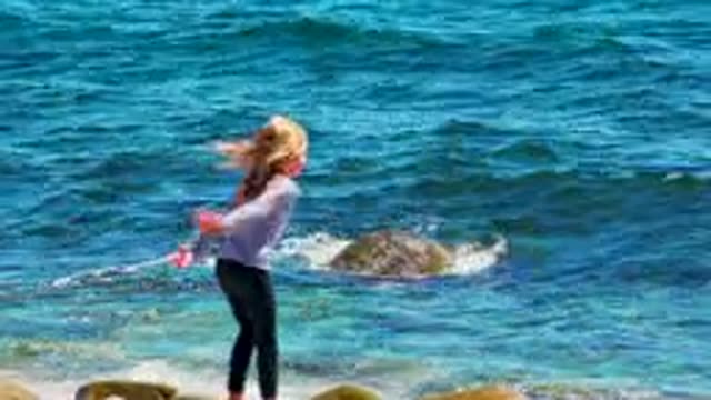 EL SARGENTO LA VENTANA MEXICO-2020: Little Girl Walking On Moss Covered Rock By Ocean