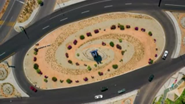 LOS CABOS MEXICO-2020: Top View Of Roads Near Runaround With Passing Vehicles