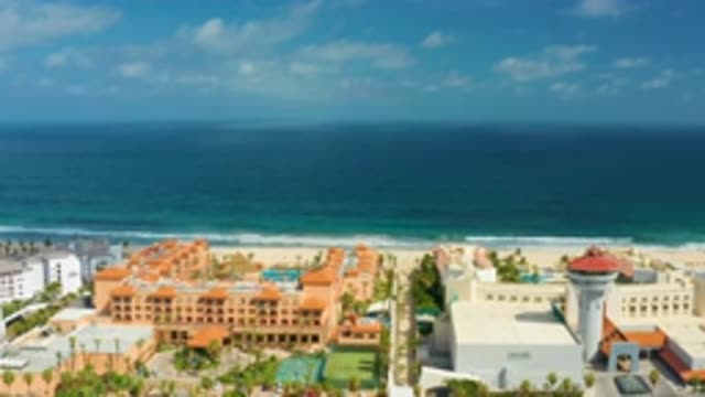 SAN JOSE DEL CABO MEXICO-2020: Large Colorful Resorts Shown Along Sandy Beach