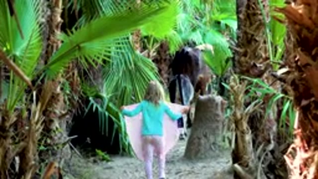 Little Girl Walking With Horse Through Palm Grove
