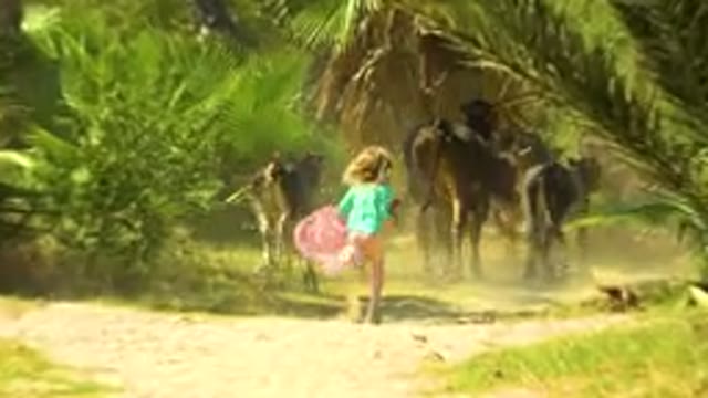 Girl Chasing Horses Through Dusty Palm Grove