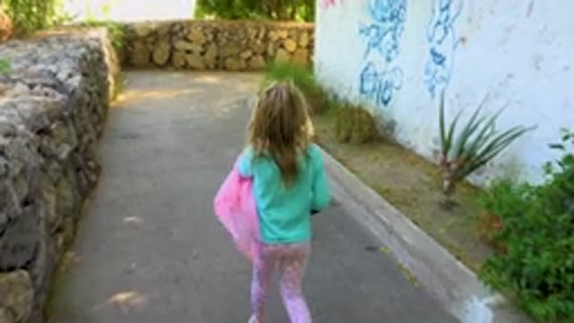 SAN JOSE DEL CABO MEXICO-2020: Young Girl Walks Dog Across Cobblestone Pathway