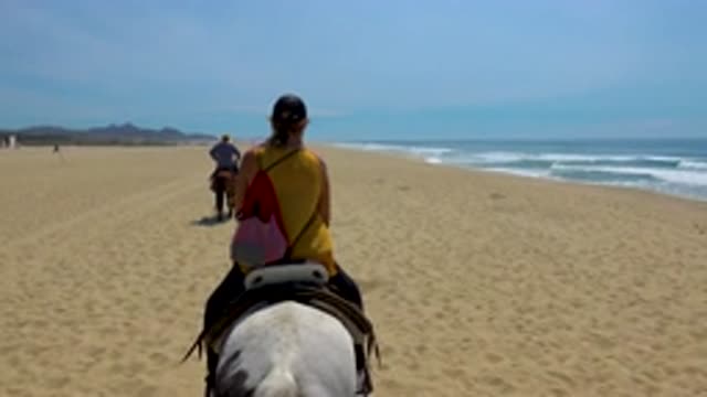 SAN JOSE DEL CABO MEXICO-2020: Group Rides Horses Along Crashing Waves On A