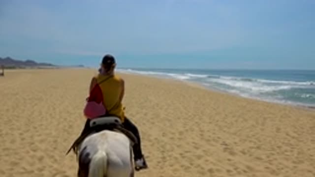 SAN JOSE DEL CABO MEXICO-2020: Woman Riding Horse Along Beach