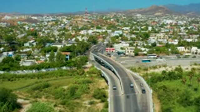 SAN JOSE DEL CABO MEXICO-2020: Eagle View Of Multiple Cars Using A Three Road