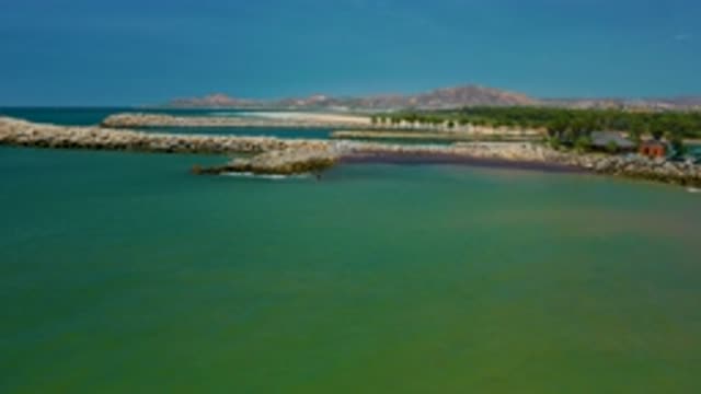 SAN JOSE DEL CABO MEXICO-2020: Still Sea In Front Of Tree Covered Land With