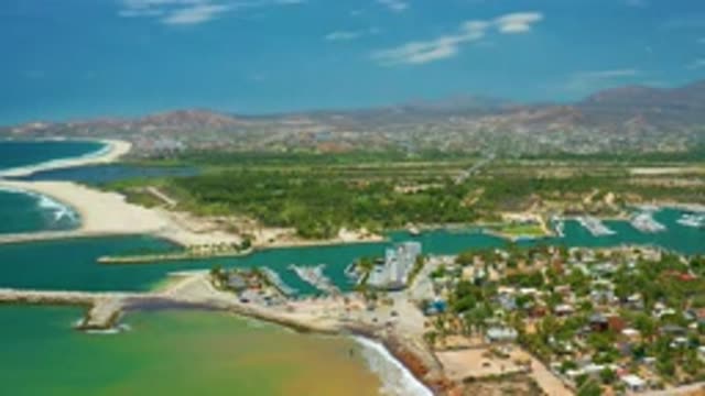 SAN JOSE DEL CABO MEXICO-2020: Aerial View Of Small Beach Town Near Blue Ocean