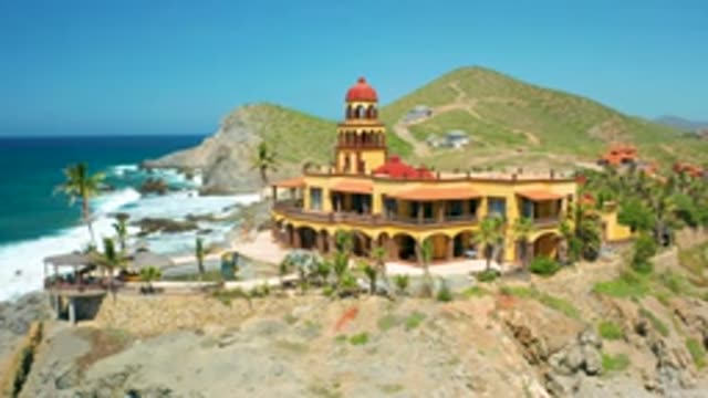 CERRITOS BCS MEXICO-2020: Panning Drone Footage of Church, Cliffs, Beach, Ocean, and Palm Trees
